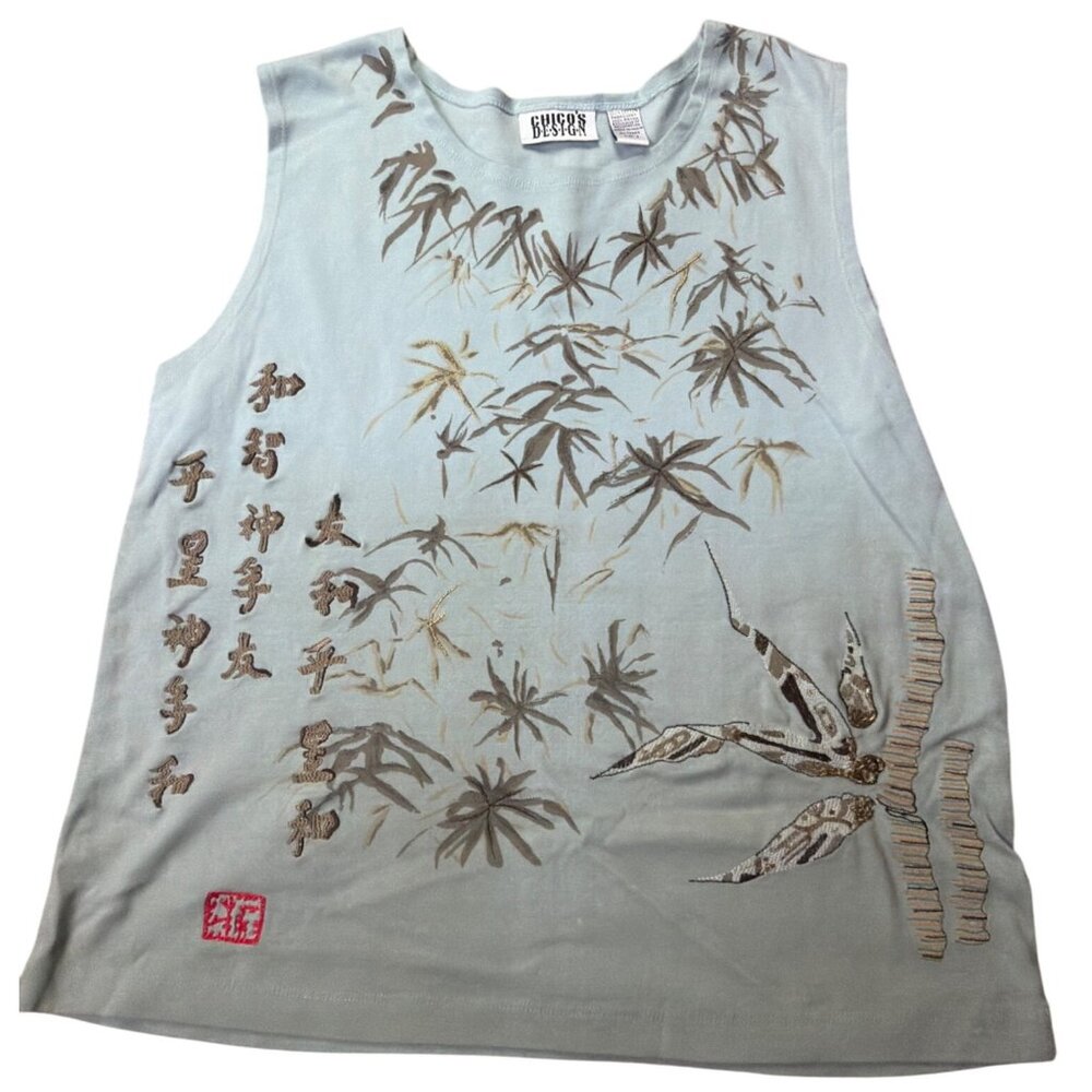 Chico's  Sleeveless Top With Bamboo & Crane Embroidery Cotton Blend Women's XL